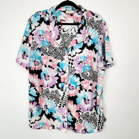 Alfred Dunner Tropical Abstract Floral Button Up Blouse Pink Blue Purple - Picture 1 of 7